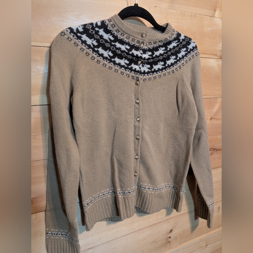 J. Crew Tan Cardigan with Black and White Dog Pattern